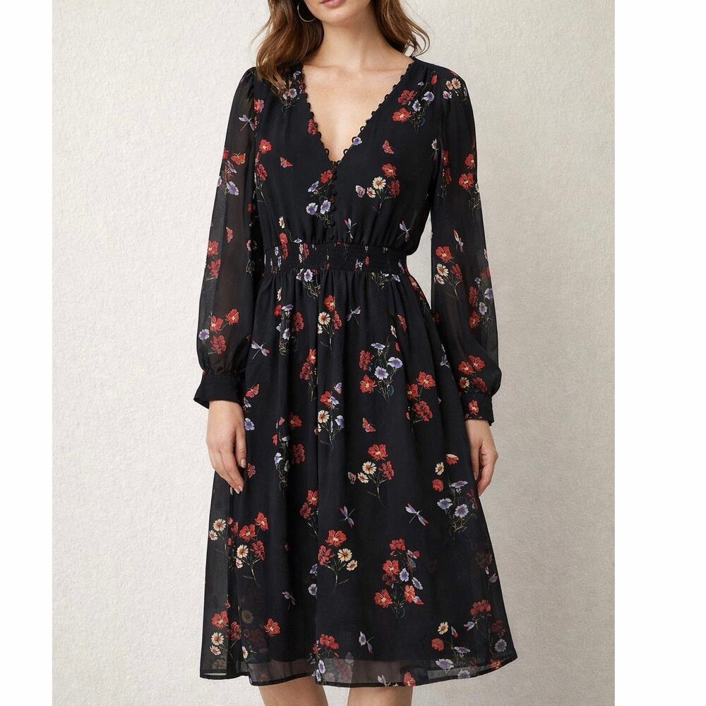 Express Black Red Floral Chiffon Midi Dress Womens Large Fairycore Dark Romantic